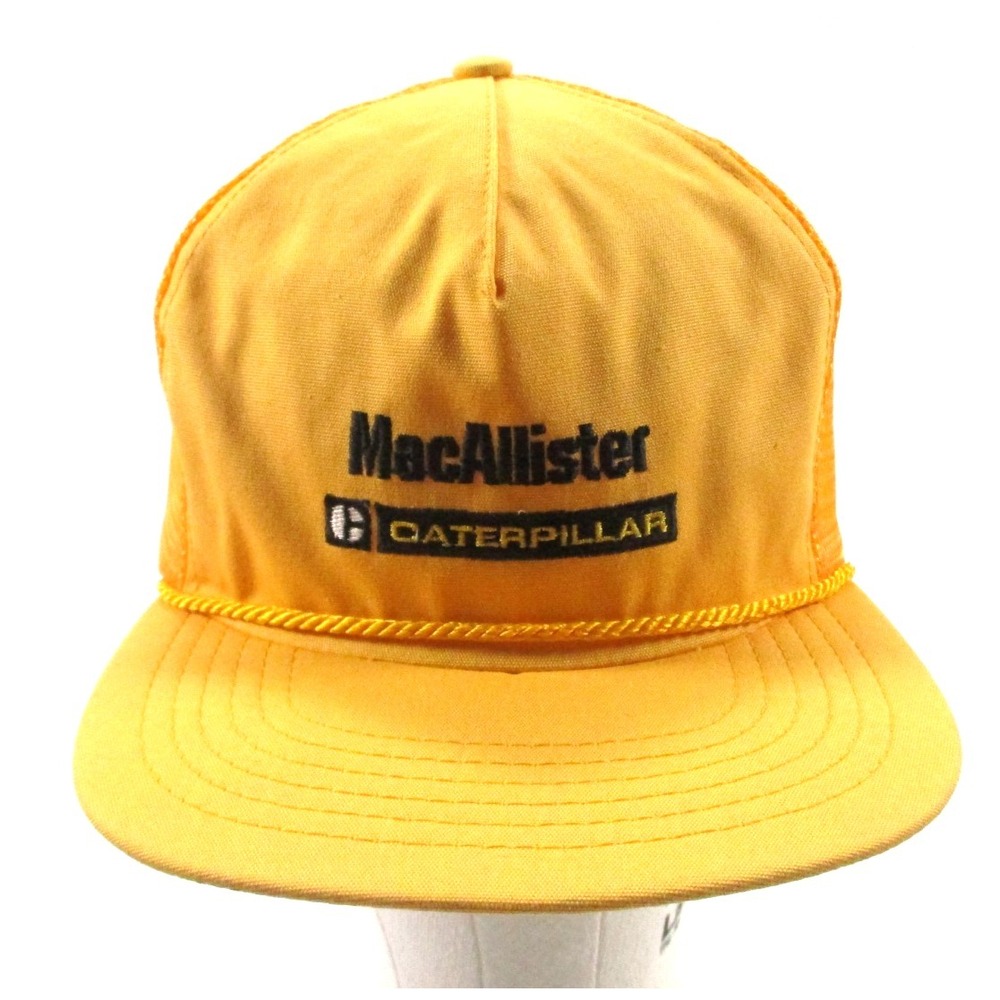Vtg McAllister Caterpillar Yellow Trucker Strapback Mesh Hat Texace‎ Made USA